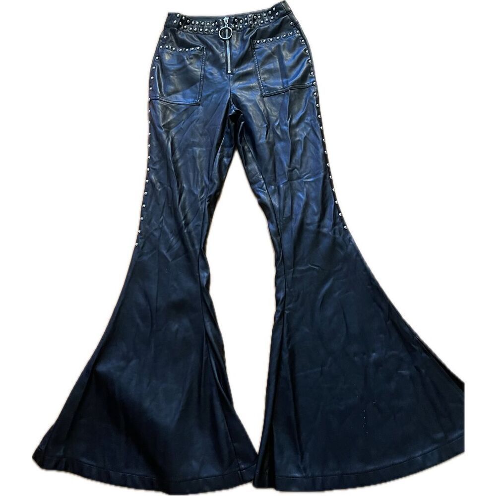 Killstar DW Studded Flare Pants Faux Vegan Leather Bell Bottom Goth Size XS